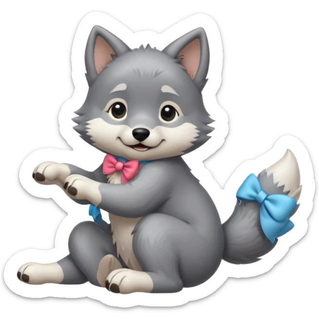 an animated gif sticker emote of a wolf puppy in a play bow wagging its tail in a smooth, natural arc over its back sticker