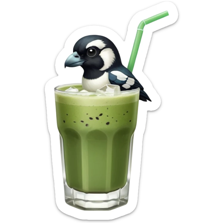 It’s an Australien Magpie sitting on an iced matcha latte on the edge of the glass. It has green matcha on its beak indicating it drank. The iced matxha latte is in a see through glass and white from the oat milk on the bottom and green on top…and there is a straw in the drink and ice cubes sticker