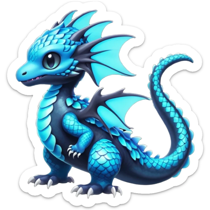 Multicolored dark shiny bioluminescent glowing black and cyan and blue gloomy spooky cute adorable scales-covered pretty cool elegant realistic abyssal exotic Fakémon-Pokémon-Digimon-Trico, full body sticker