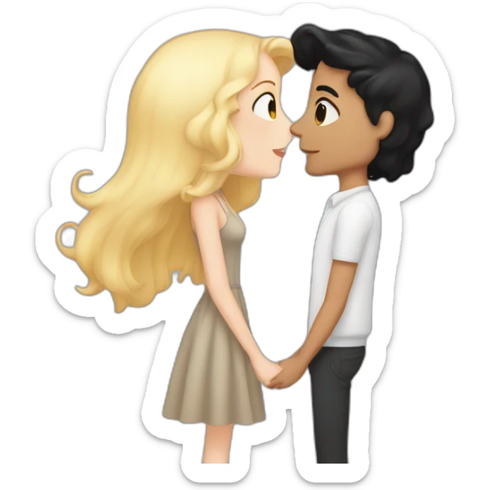 A white tall girl with shoulder length black hair kissing a taller boy with tiny black hair and clean shave  sticker