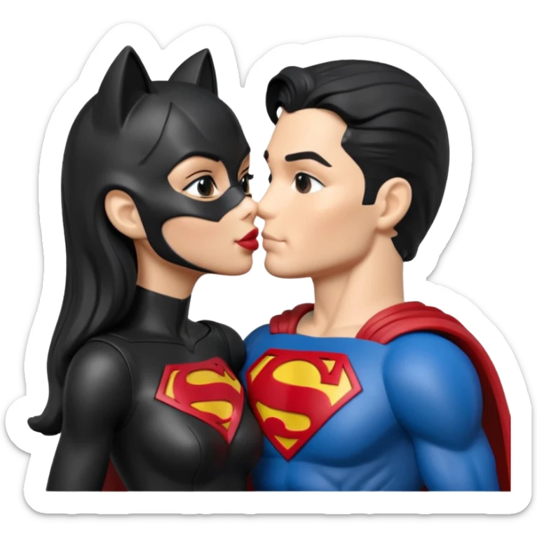 Isolated, ultra detailed illustration of the most incredibly realistic and sensual appearance, DC Hero Catwoman and superman kissing, 
figurine imaginable, toy style. sticker