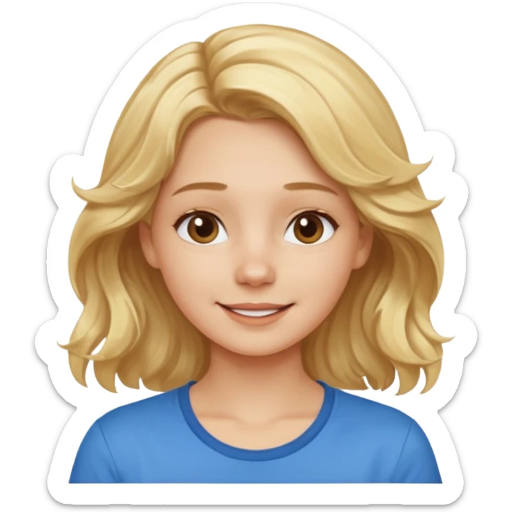 Happy blond girl with light weavy hair with a blue shirt but we can see only her face and neck and the top of the t shirt, no whole body sticker