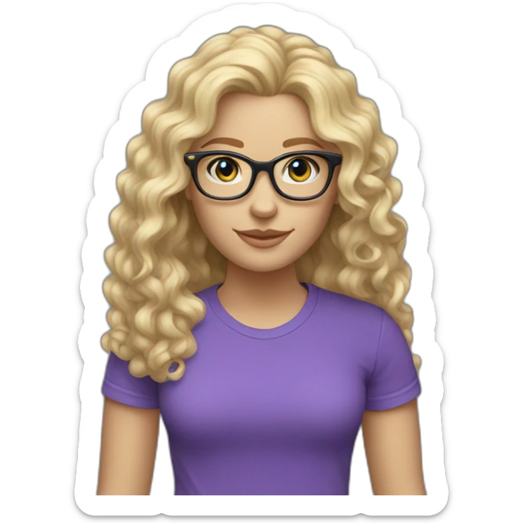 caucasian curly blonde long haired blue eyes woman purple t-shirt black glasses sticker