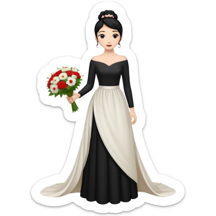 Chica blanca,cuerpo entero, vestido boda asimétrico sin vuelo ,manga larga ,de piel en el cuello, pelo negro,    ramo de flores una mano, pelo recogido en moño alto sticker