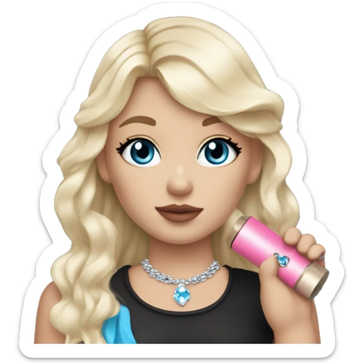 Blonde long hair with bangs, blue eyes, girl, pink lips, black eyeliner, red blush on cheeks and nose, pink eyeshadow, black shirt with lower arms shown shoulder, silver necklace with little blue diamond, holding little white pipe in one hand sticker