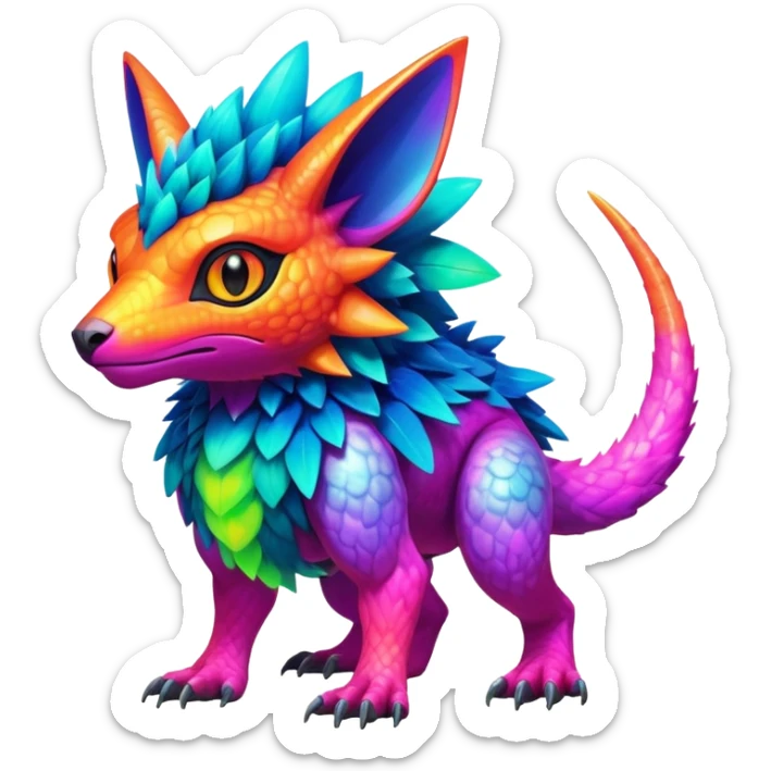 Tropical futuristic lush warm-colored colorful neon Fakémon-Digimon-Trico-Vernid-creature sticker