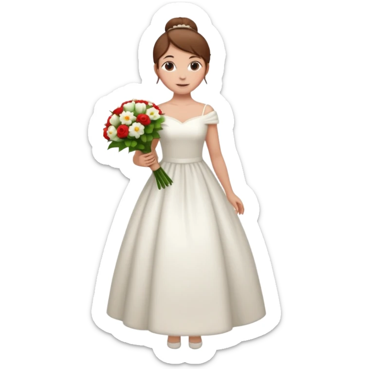 Chica blanca, pelo castaño con mondongos recogido, vestido novia invierno, cuerpo entero, con ramo de flores sticker
