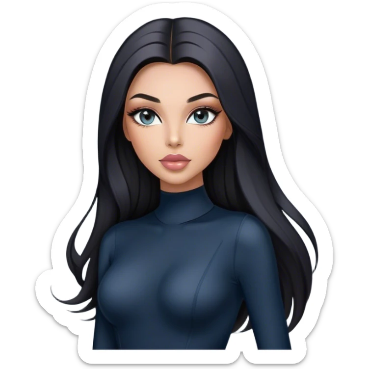 Glamours, tanned, very beautiful girl, with big pump peach-beige-rose lips, long long lashes, black straight smooth silky long hair, straight parting hair, blue-grey eyes in black long-sleeves bodysuit sticker