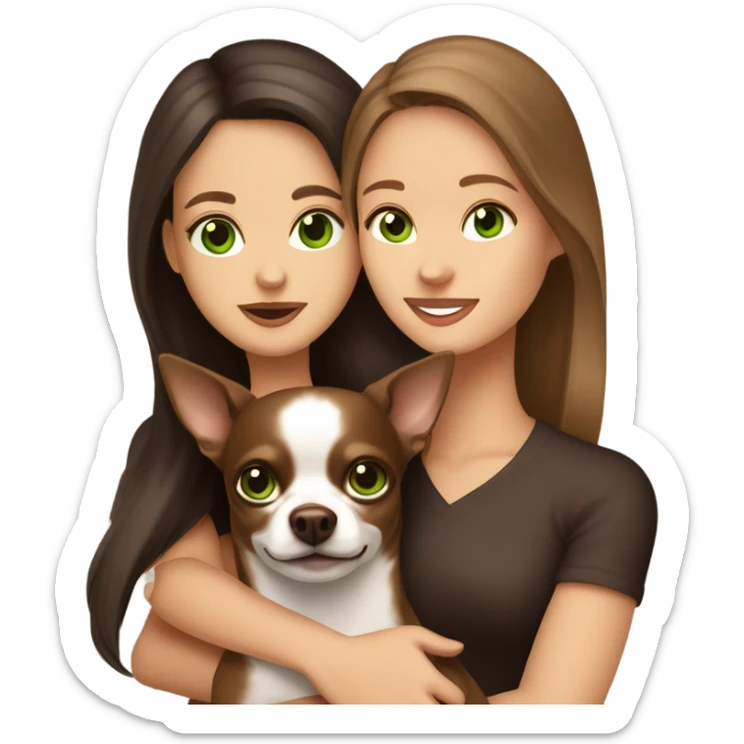 Long brown hair, green eyes, caucasian lady hugging dark brown chihuahua sticker
