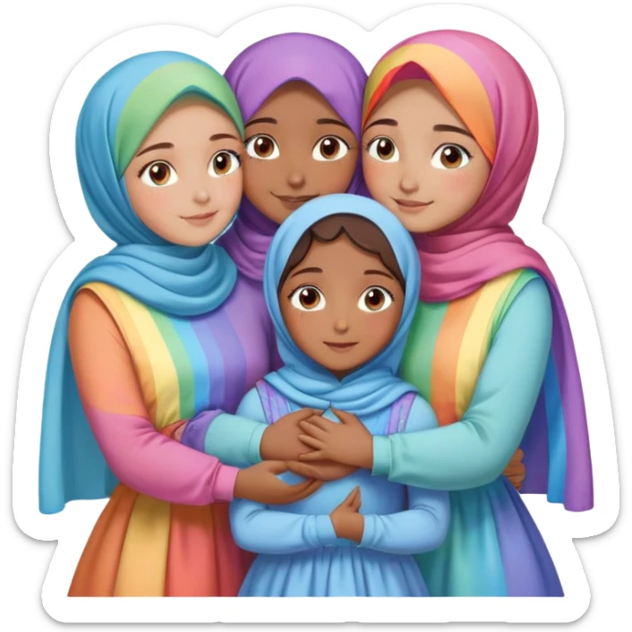 Four sister hugs Turkish girls beautiful finish Konya brown blue eyes with rainbow pastel hijab and heart dress and hugs  sticker