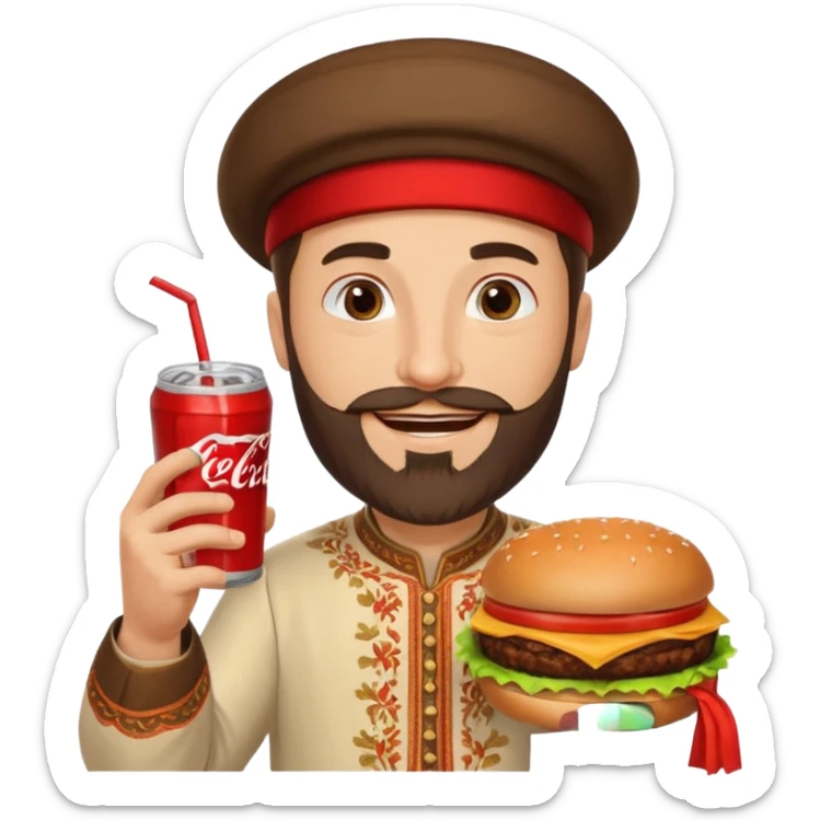 caucasian man with beard and armenian traditional costume, burger in one hand, coke in other sticker