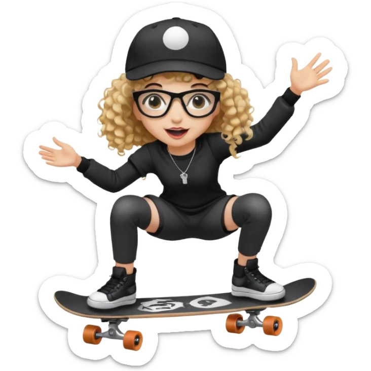["An excited girl with light skin, curly hair, wearing a baseball cap and square glasses, dressed in goth fashion, is skateboarding while holding a camera."] sticker