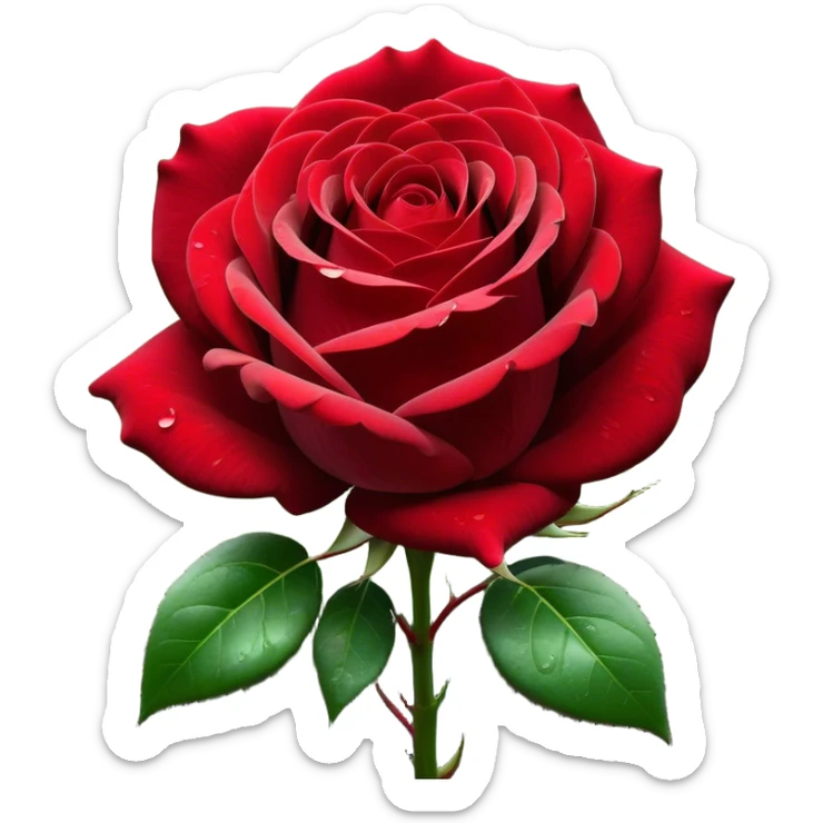 Cinematic Realistic Rose Emoji, Elegant and full of grace, with velvety, deep red petals unfurling in a perfect bloom, dew drops glistening on the soft edges, and a faint fragrance hanging in the air. The lush green leaves surround the stem, creating a vibrant contrast to the rich color of the petals. Soft glowing outline, capturing the essence of timeless beauty and romance in a single bloom. sticker