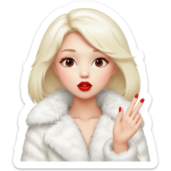 A beautiful, cute girl with red lipstick on her lips in a white fur coat,  in full view, blowing a kiss. sticker