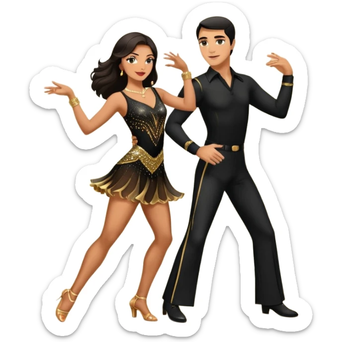 Photorealistic dancesport professional latin couple dancing the samba at the competition dancefloor, the women is in skinny short sparkly dress, the man is in black shirt and black classic pants, the women has brown long hair, the man has short black hair  sticker