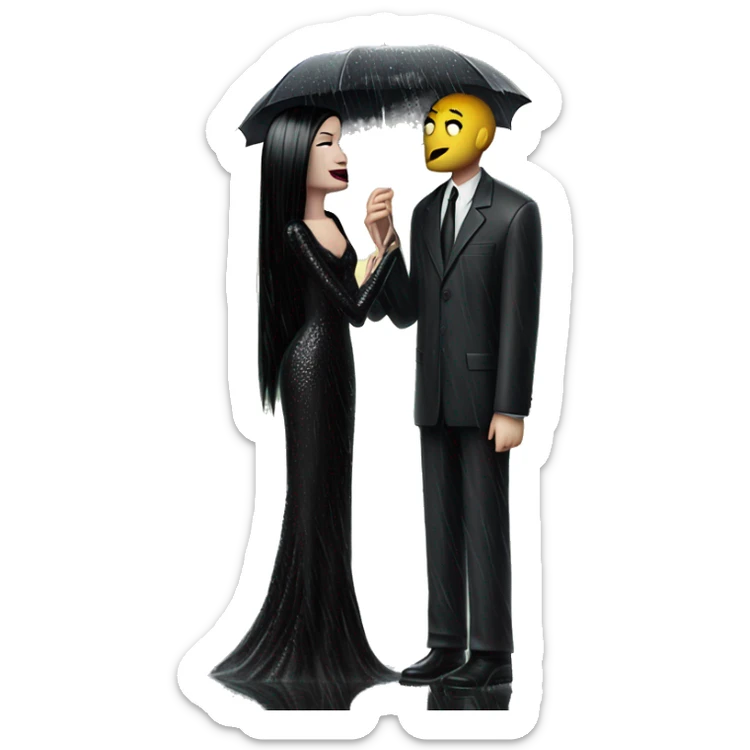 Realistic silkstone morticia addams gentle kissing sweetly Kurt Cobain in the rain. sticker