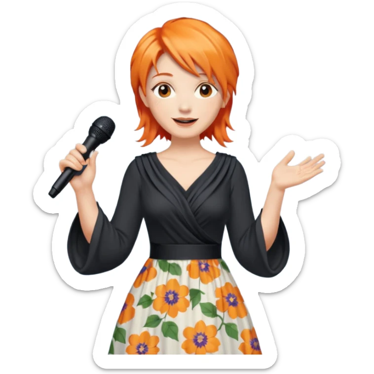 singer, Middle age, orange hair, happy, holding mic, wearing dress sticker