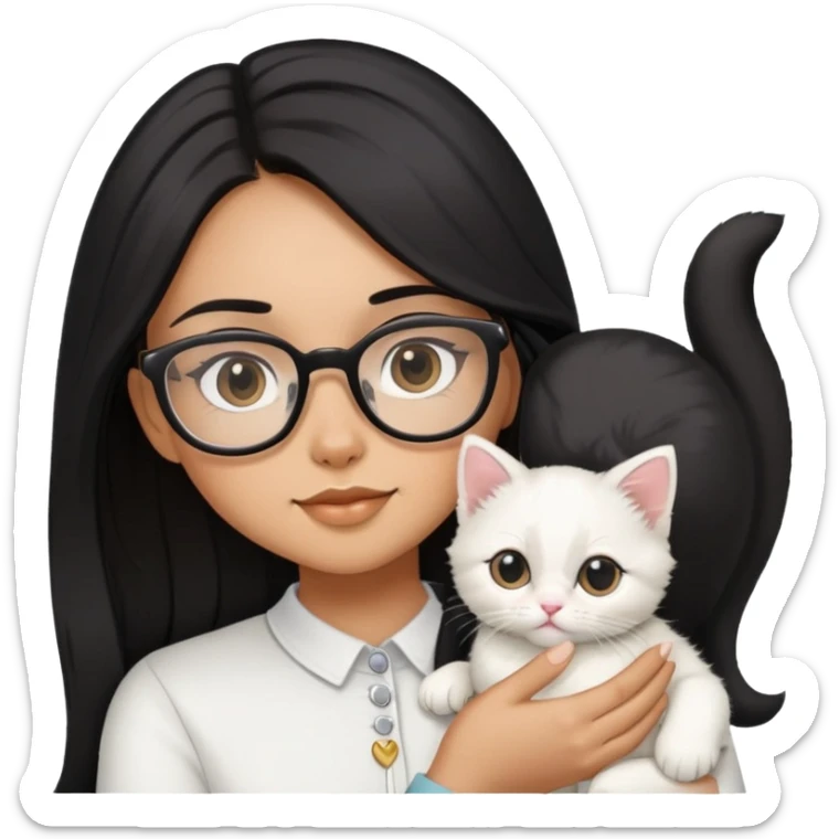Girl with long black hair and glasses holding a white kitten sticker