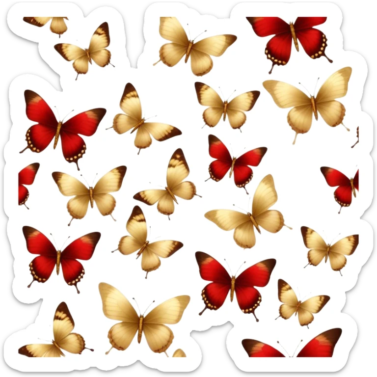 Elegant vintage golden butterflies with red and brown hues on their wings, delicate textures, antique aesthetic, softly faded colors, classic illustration style sticker