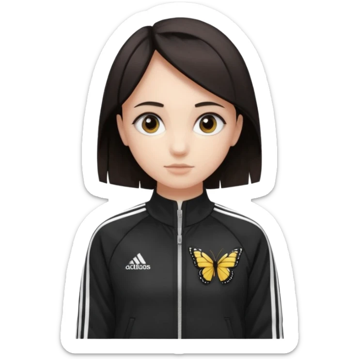 A girl with  medium length, dark hair, fair skin. The style is a butterfly  cut and wore black Adidas track jacket with white stripes on the sleeves. It has a full zipper down the front, a stand-up collar, and the Adidas logo on the right chest emoji sticker