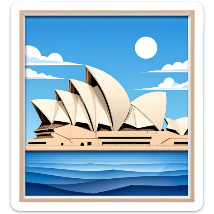 Cinematic Realistic Sydney Opera House Landmark Emoji, depicted with its iconic sail‚Äêlike design set against a clear blue sky, rendered with crisp architectural detail and dynamic lighting. sticker