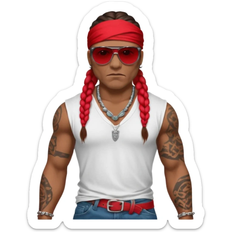 Samoan male.
loose fitting white t-shirt. 
Red bandana. 
Red jeans. 
long braided hair.
very muscular.
tattoos. 
Tough and menacing. 
Gangster sunglasses. sticker