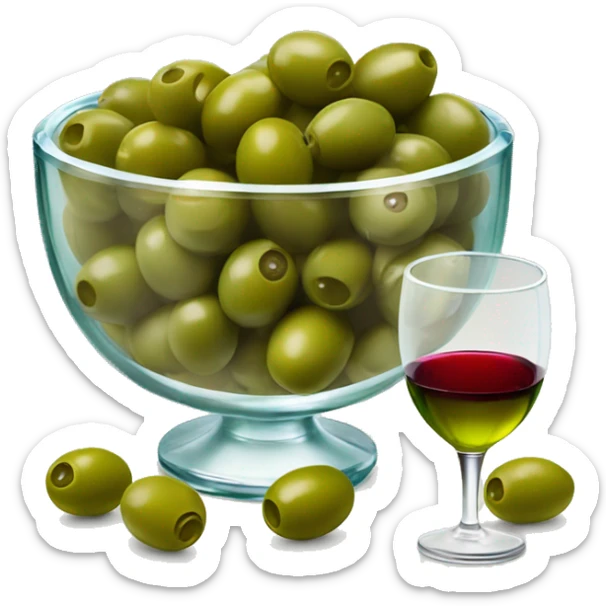 crystal bowl of green olives and glass of wine  sticker