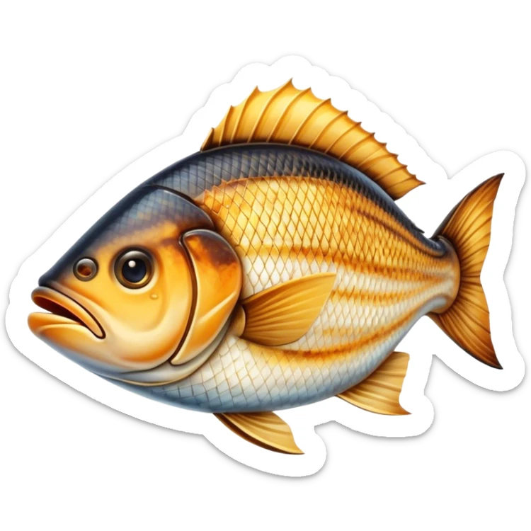 Cinematic Realistic Gradele (Grilled Fish) Dish Emoji, depicted as perfectly grilled fish with a smoky, charred finish rendered with lifelike detail and appetizing, natural lighting. sticker