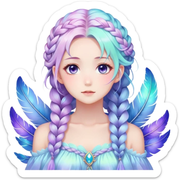 Beautiful gorgeous anime lady with beautiful iridescent-nebula-braided-hair, fashion aesthetic, ethereal, fairycore, pastelcore, feathers sticker