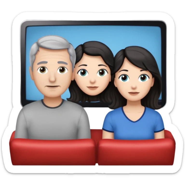 middle-aged couple Watches a movie in the living room • Physical description: • man: brown eyes; very short grayish-black hair • woman: Long wavy silver grayish-brown hair tied in a ponytail; blue eyes sticker