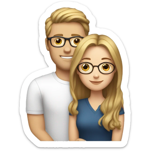 A white woman with brown hair and blonde highlights and a white man with brown hair and glasses hugging sticker