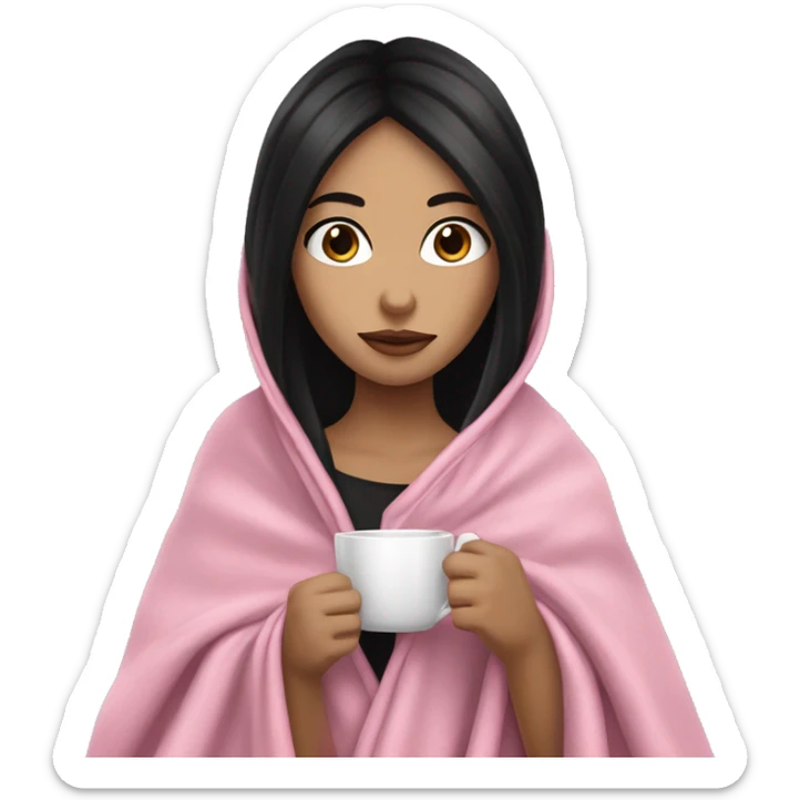 A pretty white girl with very long black hair  in a pink blanket sipping coffee sticker