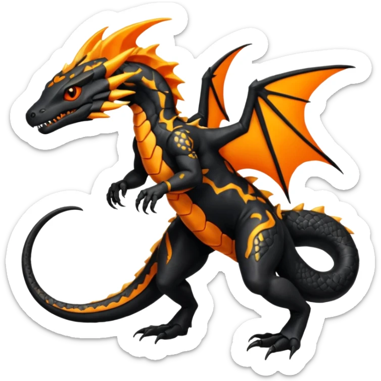 Magmatic fiery badass cool obsidian-Black and golden-orange Helioptile-Amaura-Salandit-Fakémon-hybrid-creature (full body)  sticker