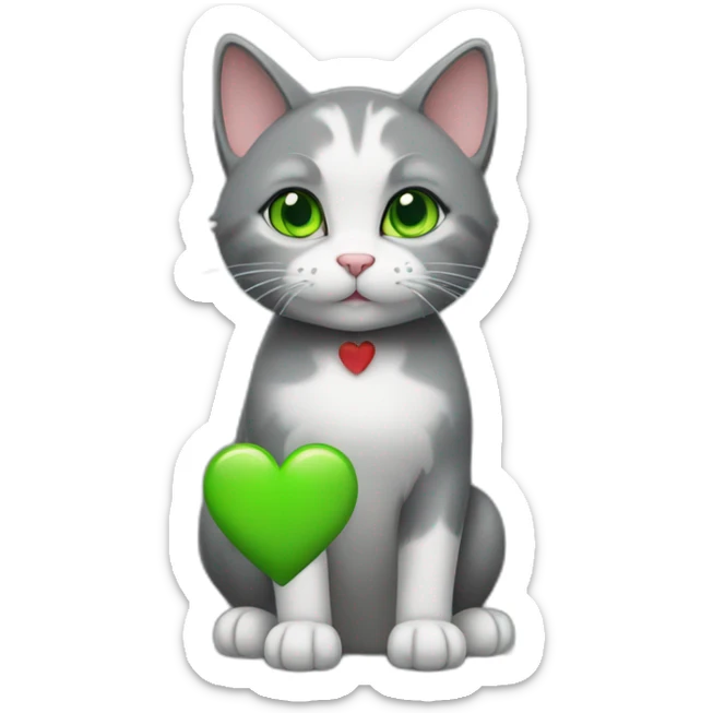 a cat with green eyes and gray fur holding a heart in its paws. sticker