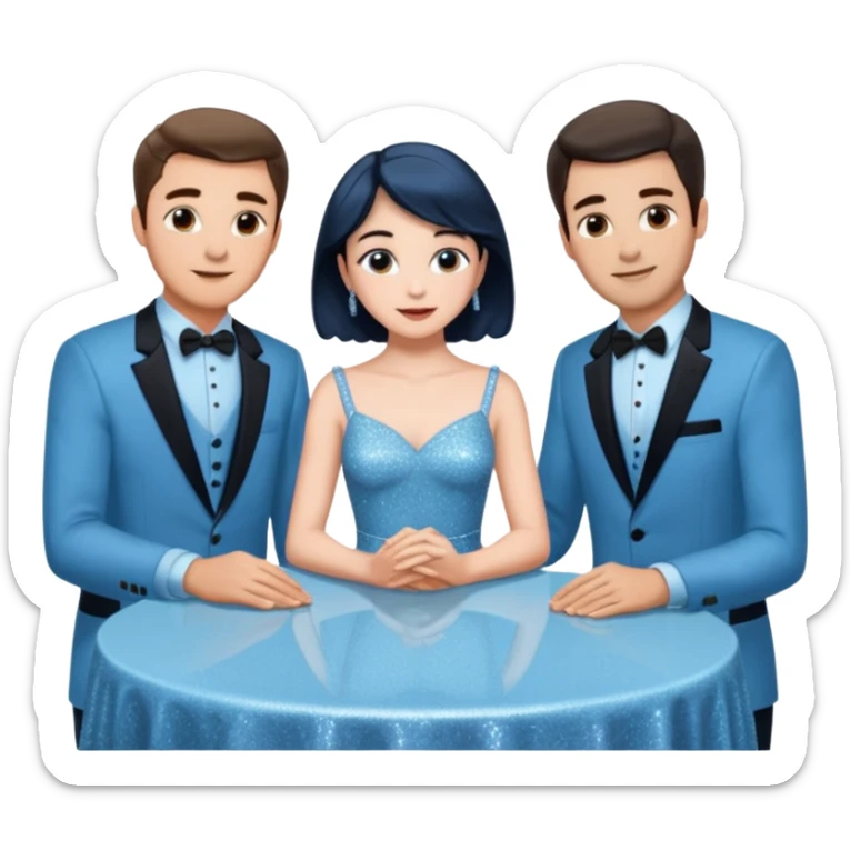 Sabrina’s carpenter in a light blue sparkly dress at a table with 3 handsome men facing each other and she is standing up putting her hand out  sticker