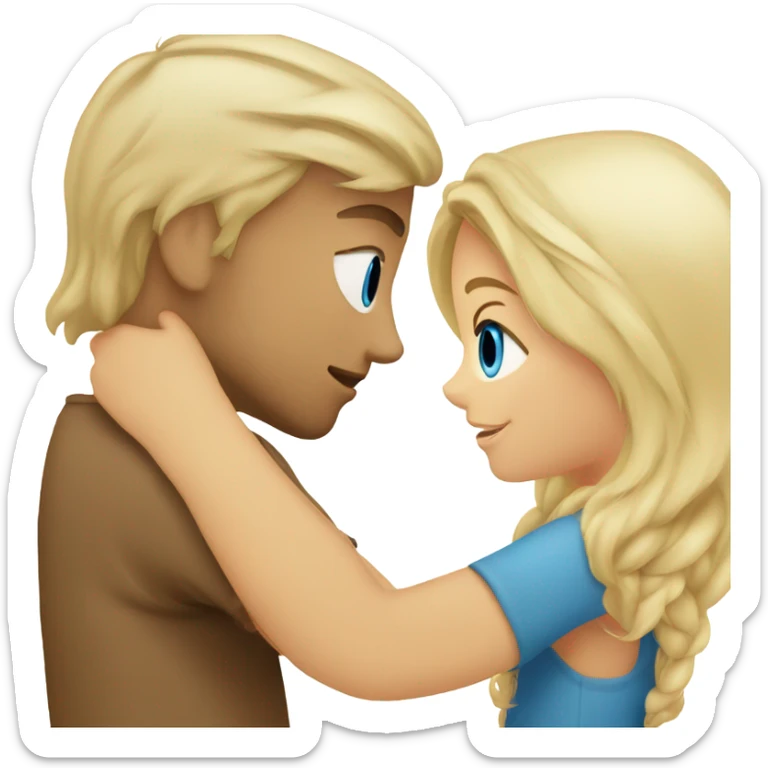 A guy with blue eyes and blond hair hugs a girl with brown eyes sticker