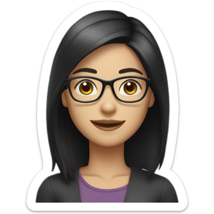 woman wearing glasses, narrow eyes, shoulder length black hair, white skin, smiling sticker