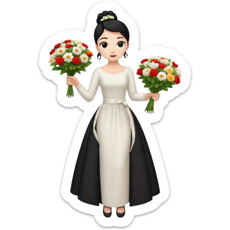 Chica blanca,cuerpo entero, vestido boda asimétrico sin vuelo manga larga de piel, pelo negro,    ramo de flores una mano, pelo recogido en moño alto sticker