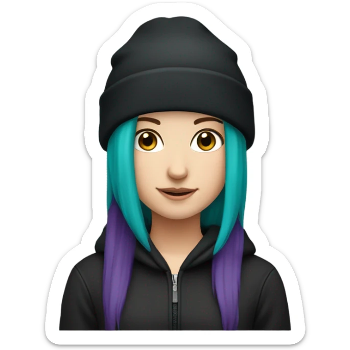 White girl, black hoodie, teal hair, purple beanie hat sticker