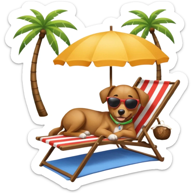 a dog laied on a beach chair, a sunny beach, a sun umbrella, and beach coconut trees. the icon should capture the essence of a relaxing beach vacation with a carefree atmosphere sticker