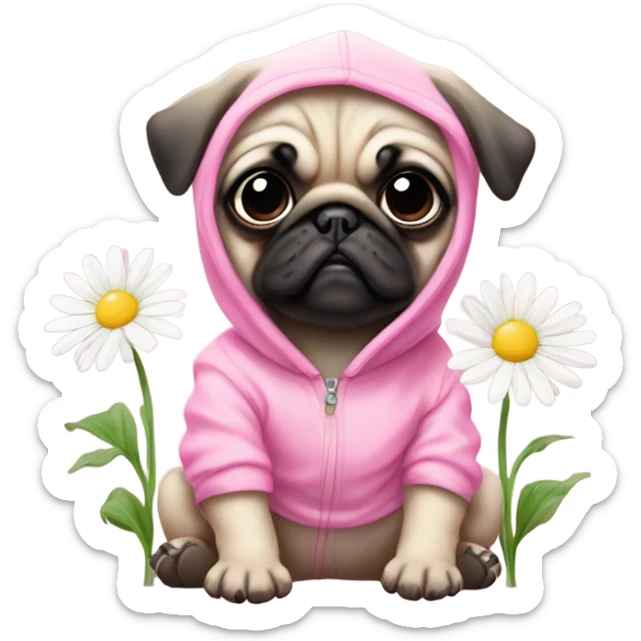 Cute Baby Pug with pink eyes wearing a pink hoodie eating daisy's  sticker