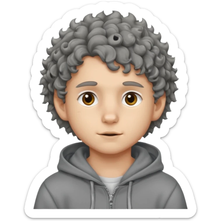 baby face 18 year old boy with grey hoodie and curly-wavy wolf cut hair sticker