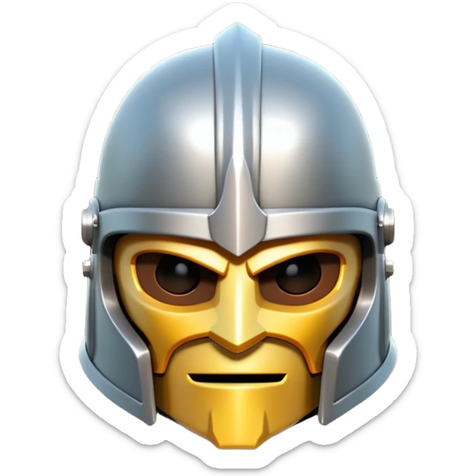 Clash of Clans aesthetic: Cinematic heroic Steel full face Helm Emoji, rendered in a 3D vector-style similar to standard emojis with minimal shading and bold, simplified shapes. A compact, isometric helmet crafted of shining steel with intricate engravings and a protective visor, softly glowing with a noble warrior charm. Simplified yet unmistakably iconic, highly detailed and consistent, glowing with a soft radiant gleam and high polish. Stylized with a touch of chivalric tradition and a soft glowing outline, capturing the essence of a stalwart battle helm with a friendly, playful manner! sticker