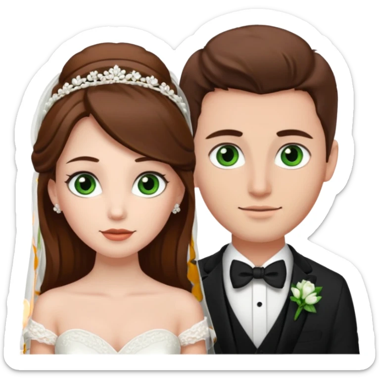 bride and groom white skin brown hair, bride has brown eyes, groom has green eyes sticker