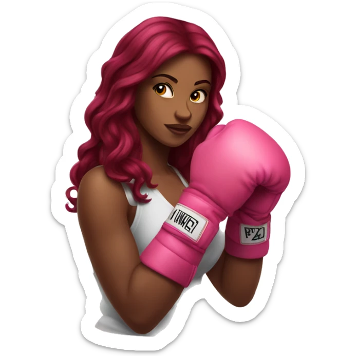 Beautiful tattooed  burgundy long haired woman boxing with pink gloves sticker