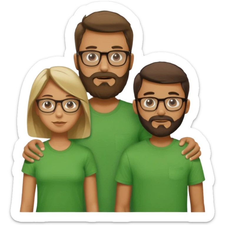 A family consisting of a man who's bearded, tanned, wearing glasses, a woman, slightly tanned, and a 14 year old teenage boy, slightly tanned, wearing a green t-shirt, not everyone is wearing glasses,  sticker