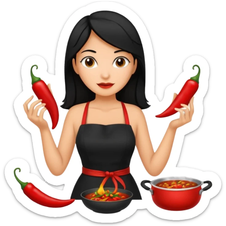 black short shoulder length hair tanned woman, black dress cooking, holding chili pepper sticker