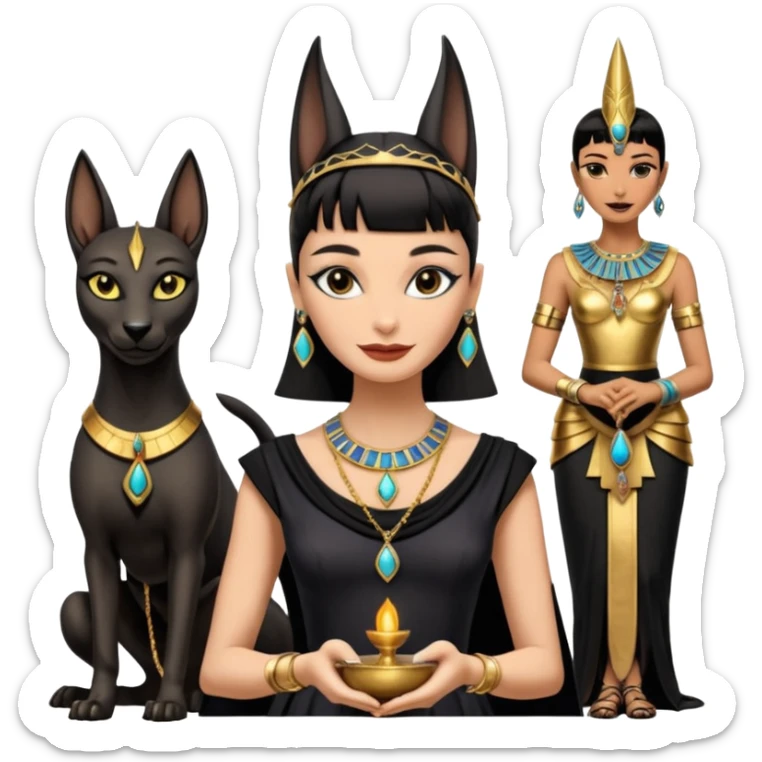 Smiling Witchy-mannered smoky-evil-eyed real Audrey Hepburn cleopatra Anubis conjuring evil Protecting silky black-haired tiny chained-adorned statuette-scale dessert scenery stone-age cracked ancient antique  sticker