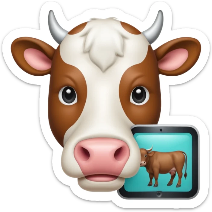 Emoji-style icon of a cow and buffalo with a scan frame or AI detection overlay, representing breed identification. Clean, friendly, rounded design, easy to recognize at small sizes, teal and white accents, no text, transparent background. sticker
