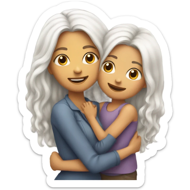 mum with straight long White hair and daughter with long curly brown hair hugging sticker